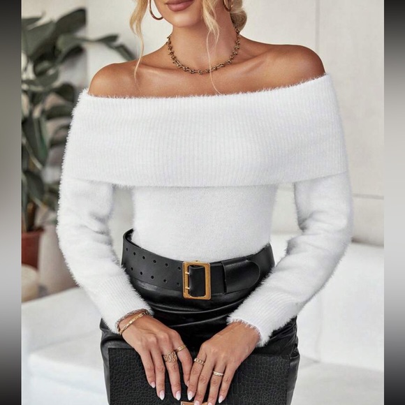 white flap Foldover detail Off Shoulder Fuzzy Sweater - Picture 2 of 6